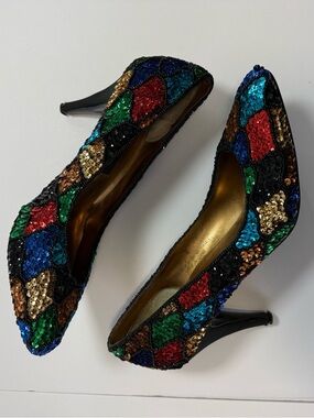 Seduction Multicolor Sequin Stiletto Heels Size 8 party shoes retro vintage